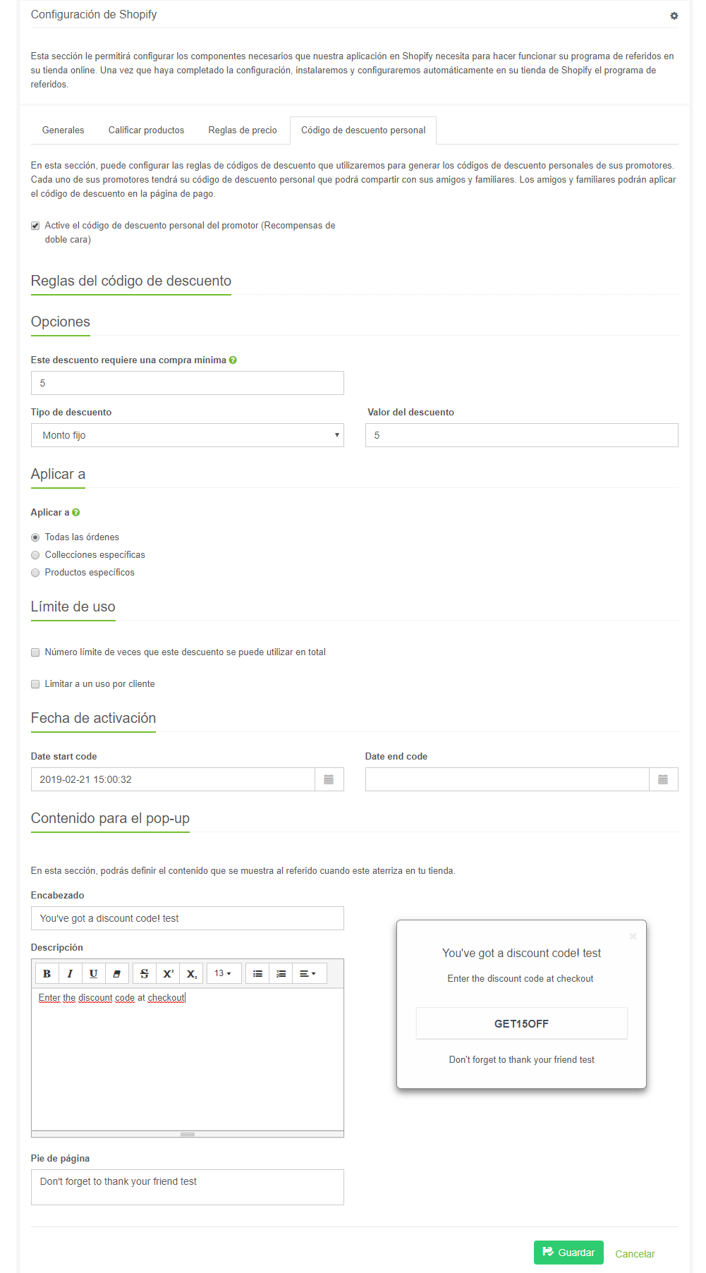 Configuration código de descuento personal